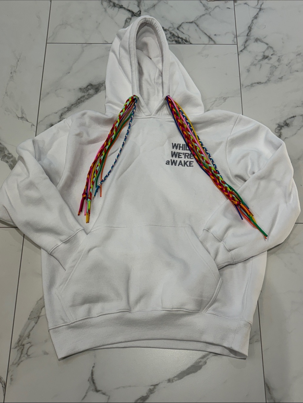 White 'While We're Awake' Hoodie with Rainbow Drawstrings